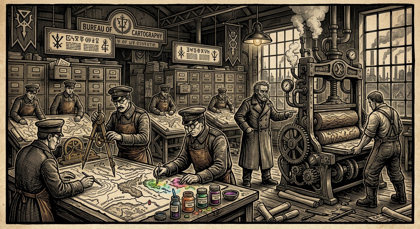 Bureau of Cartography — On Instruments, Colours, and the Blessed Fraud of Scale, rendered as woodcut.