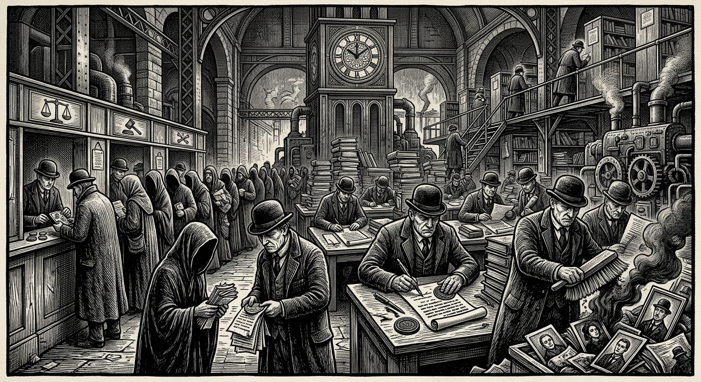 Bureau of Hagiography — On Ratification, Delay, and Non-Cognisance, rendered as woodcut.