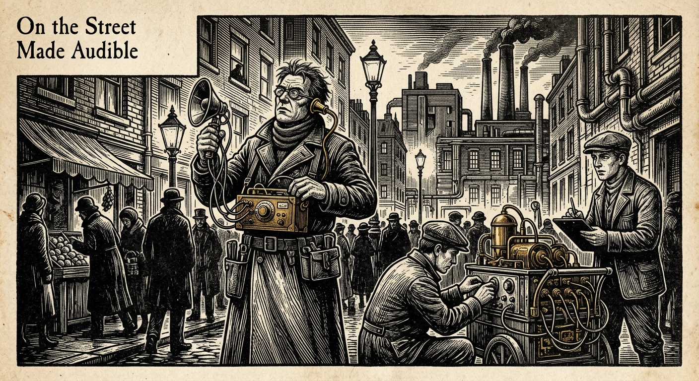 Cadence Examiner — On the Street Made Audible, rendered as woodcut.