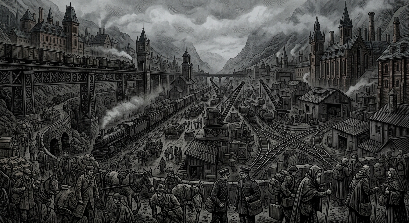 Carpathian Corridor — On Rails, Roads, and the Transfer Yards, rendered as woodcut.
