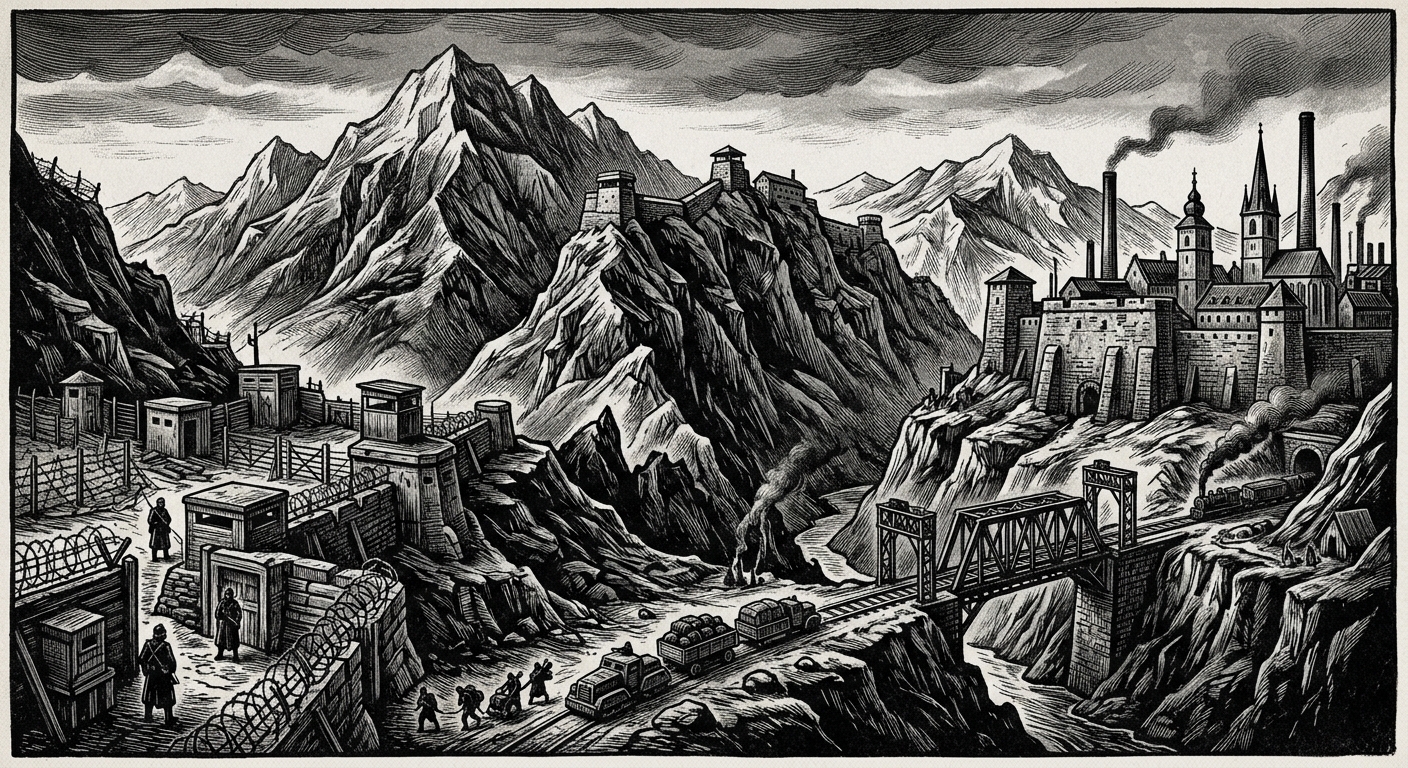 Carpathians — On Przemyśl, Sibiu, and the Middle Wall, rendered as woodcut.