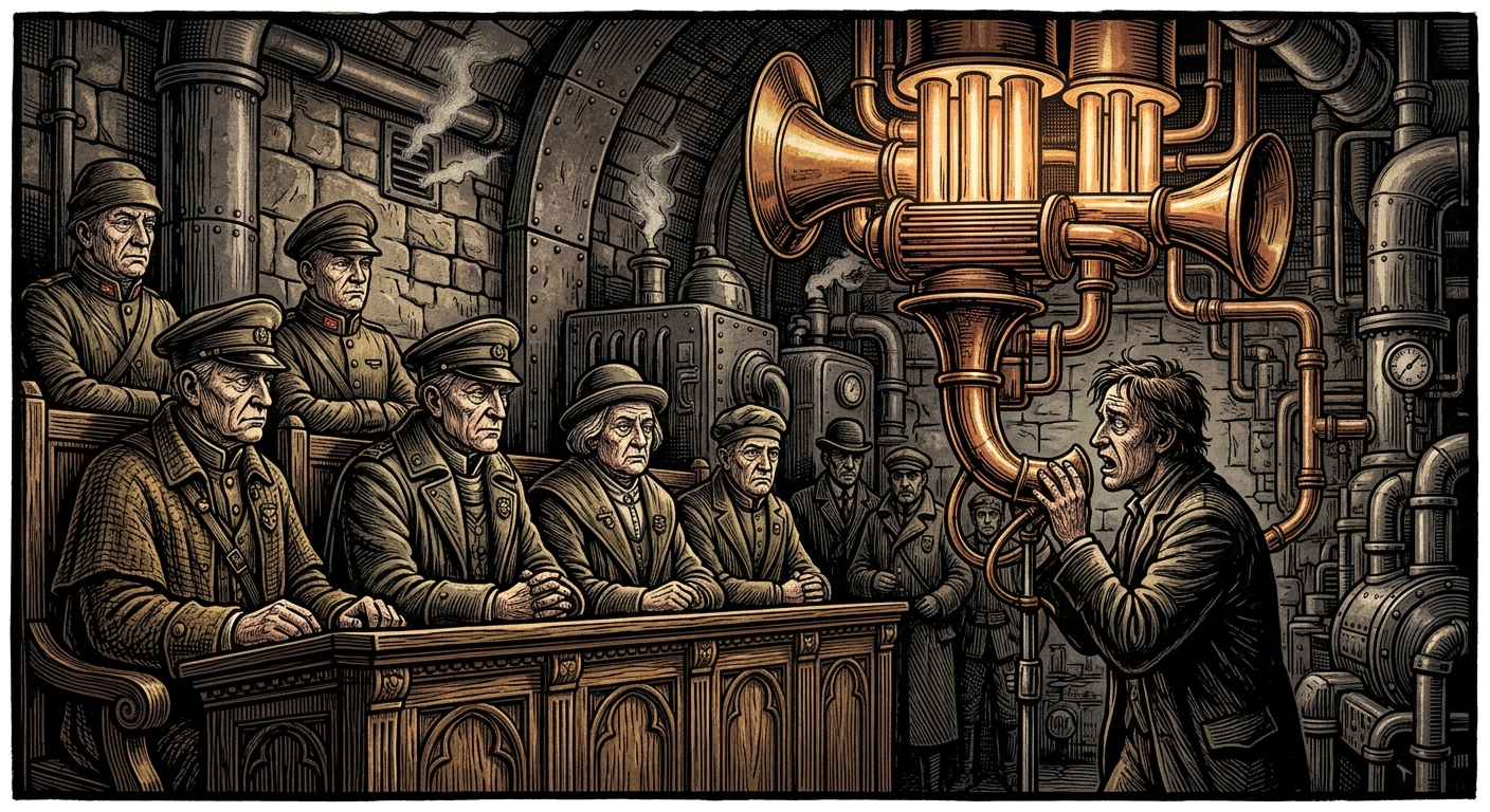 Choir Magistracy — On Voice-Licensing and Heat, rendered as woodcut.