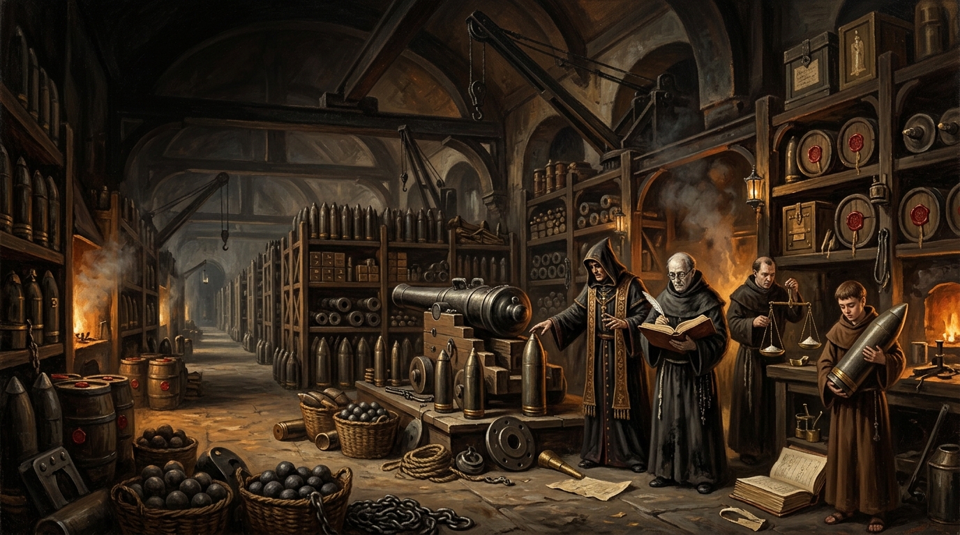 Oil painting of Ordnance clerks and an Ordnance Deacon inspecting sealed shells, ledgers, and artillery inside a fortress arsenal-magazine.