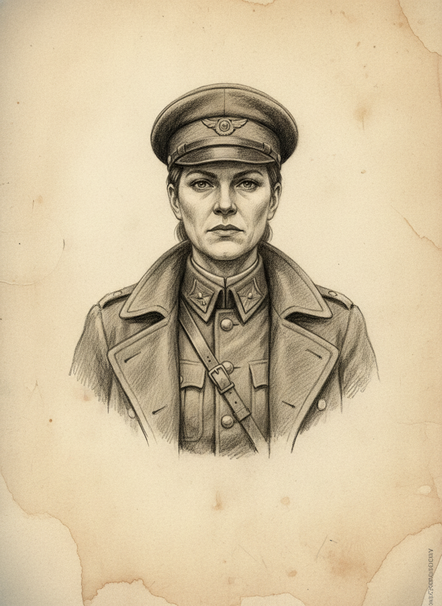 Black and white pencil dossier portrait of Captain Mavra, shown head and shoulders on vellum.
