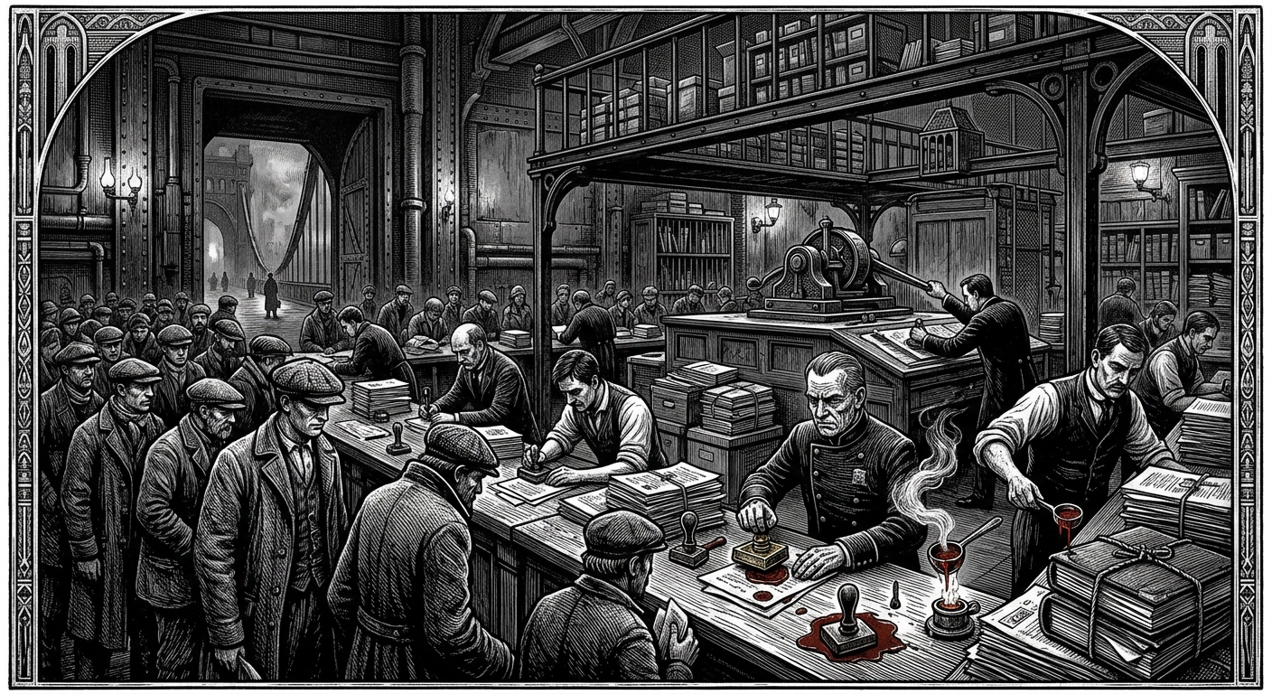 Crossing Bureau — On the Stamp Room, rendered as woodcut.