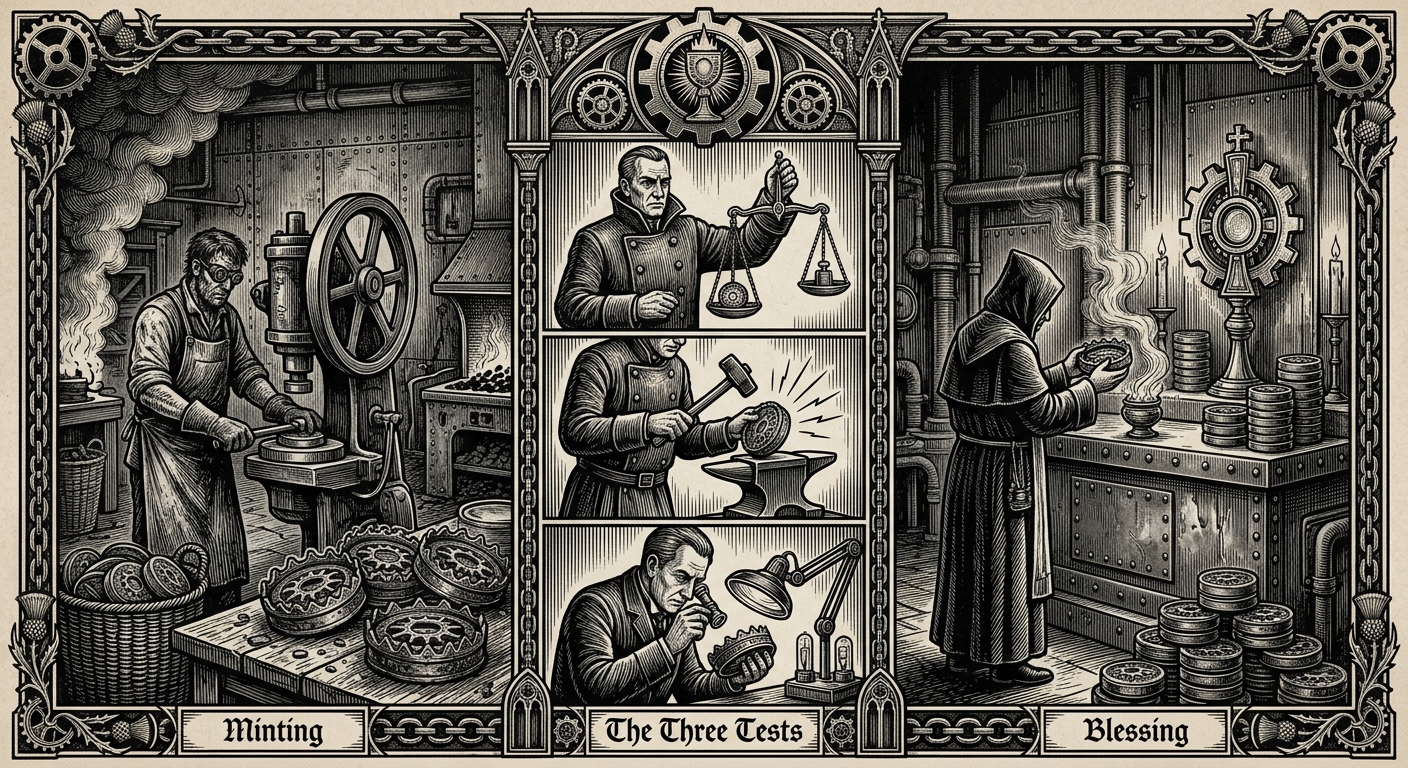 Crown of Grace — On Minting, Blessing, and the Three Tests, rendered as woodcut.