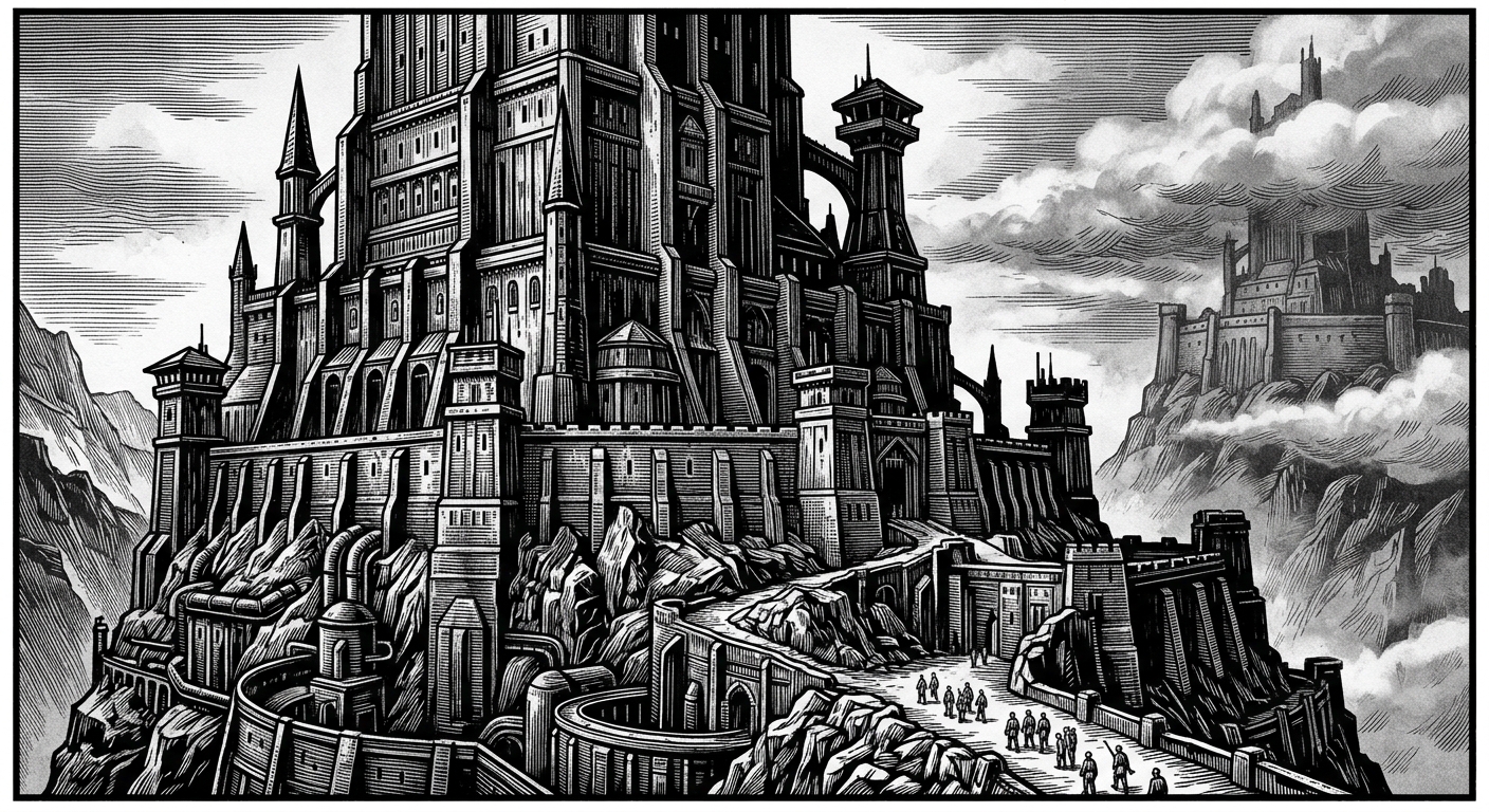 Crownspire — On the Architecture of Ascent, rendered as woodcut.