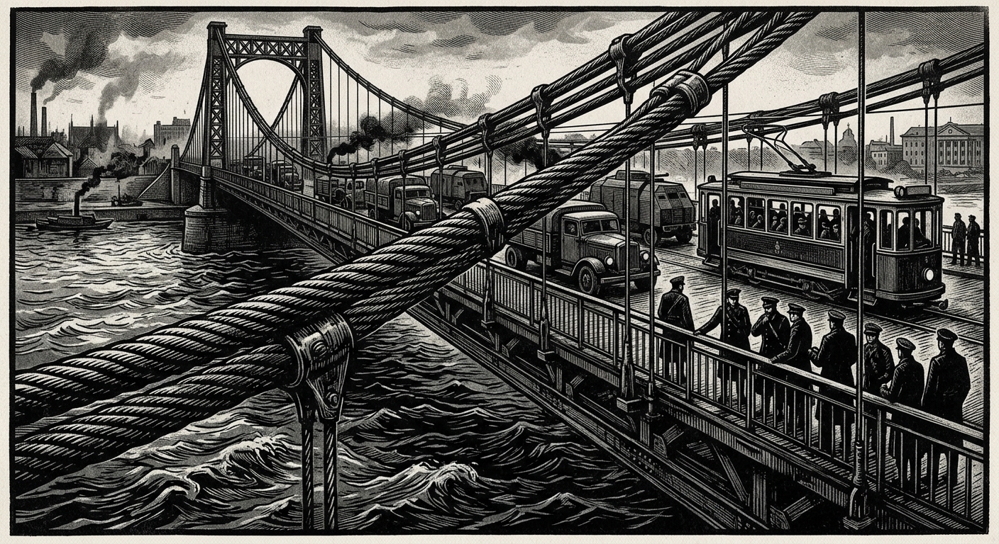Dębnicki Bridge — On Wire, Water, and Engineering, rendered as woodcut.