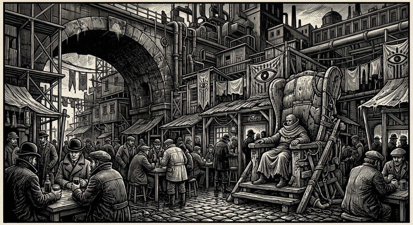 Drowned Row — On Taverns, Dive-Lodges, and the Row's Little Thrones, rendered as woodcut.