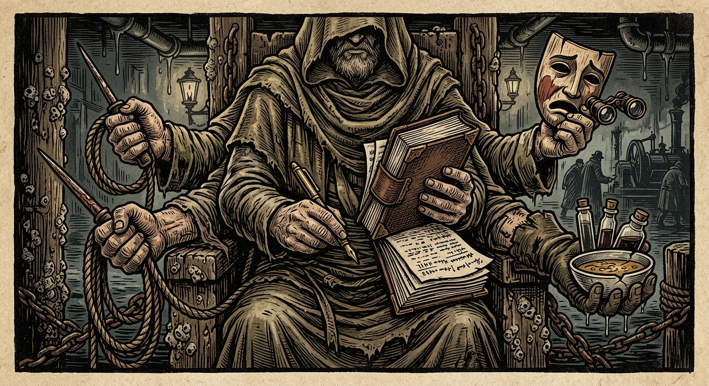 Drowned Row Syndic — On the Syndic's Four Hands, rendered as woodcut.