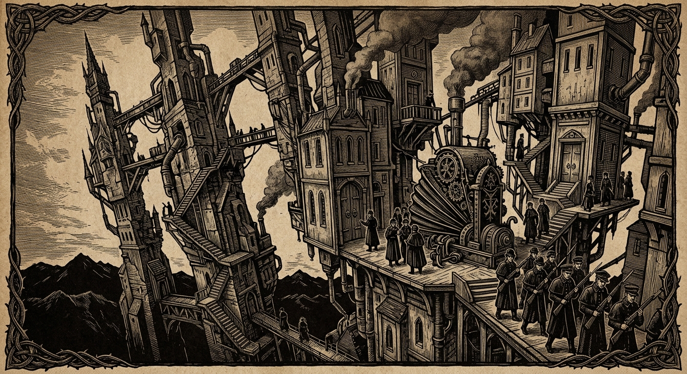 Ebon Heights — On Crownspire and the Court of Ascents, rendered as woodcut.