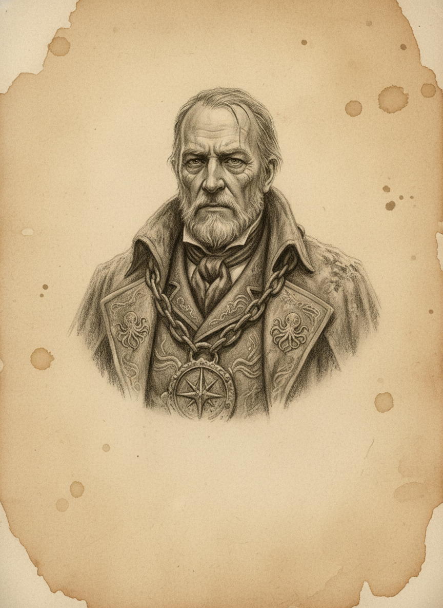Black and white pencil dossier portrait of Drowned Row Syndic, shown head and shoulders on vellum.