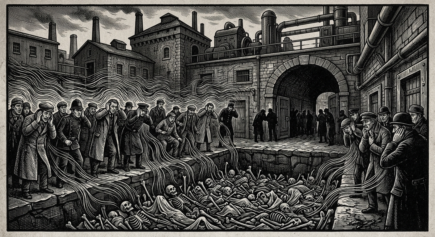 First Ossuary Panic — On the Sounds Below, rendered as woodcut.