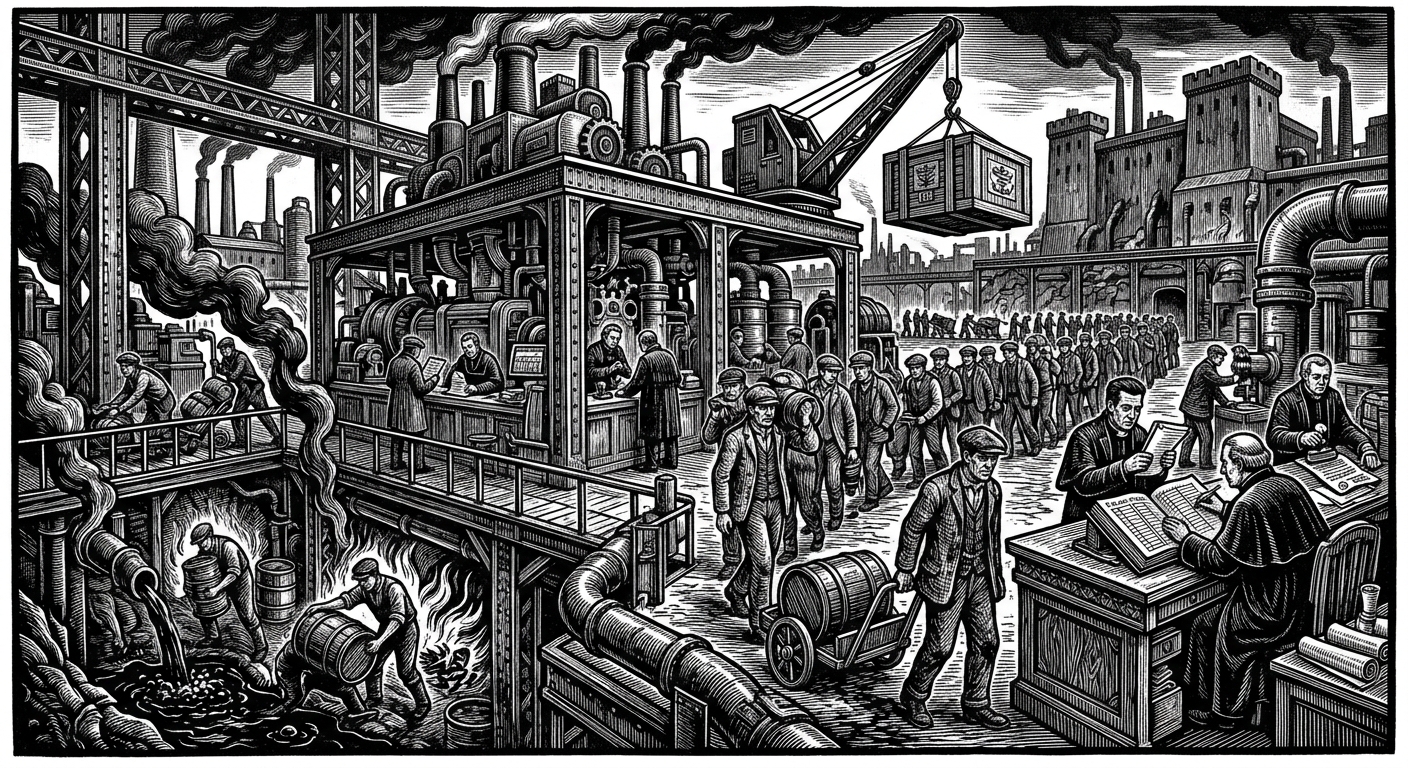 Fuel Monopoly Acts — On the Charter System, rendered as woodcut.