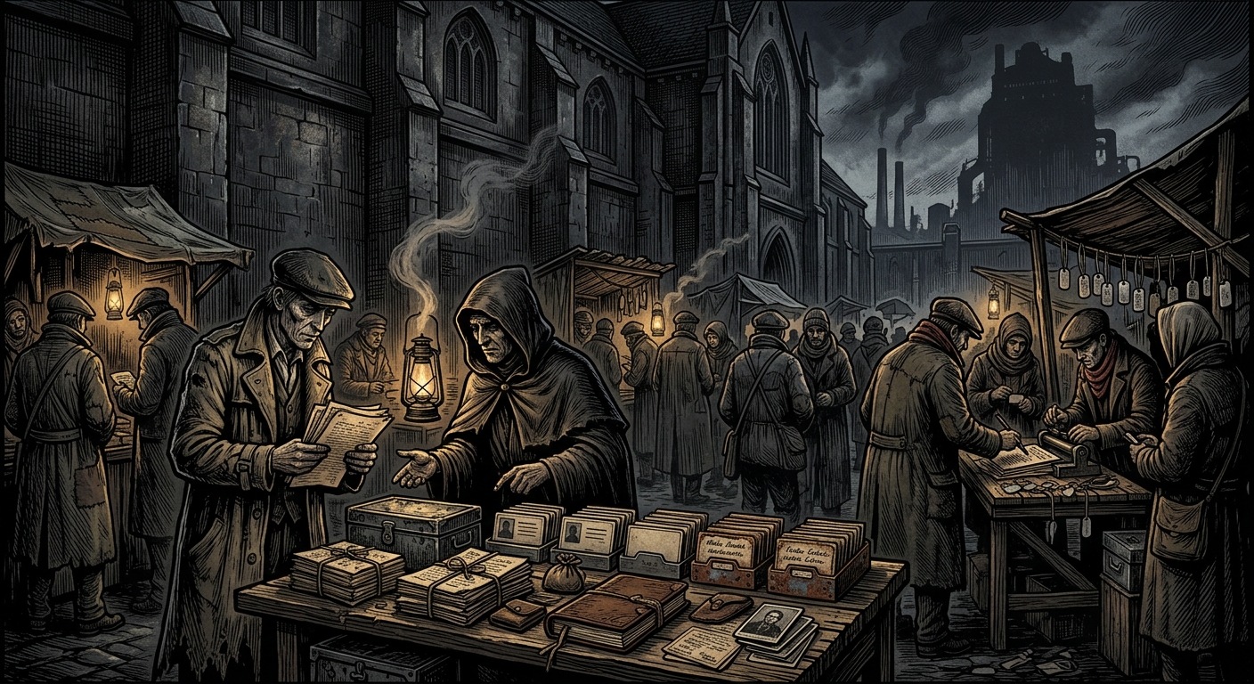 Grave-Name Market — On the Goods Sold After the Offices Close, rendered as woodcut.