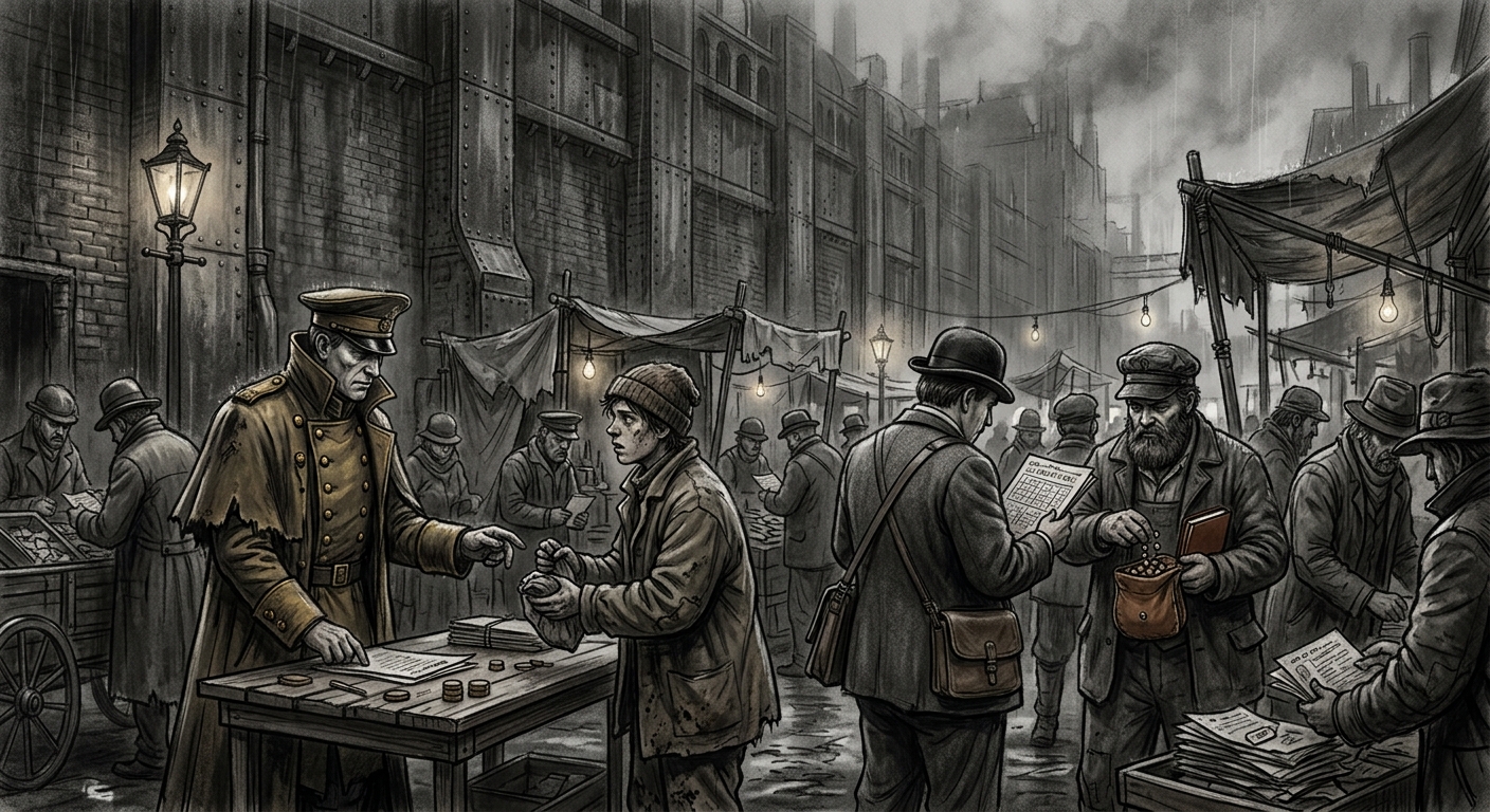Grave-Name Market — On Brokers, Runners, and the Ninth Count, rendered as charcoal.