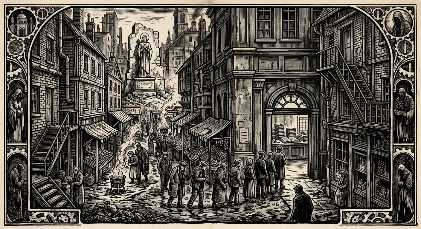 Halle — On the Market Drift and Saint Oren's Failure, rendered as woodcut.