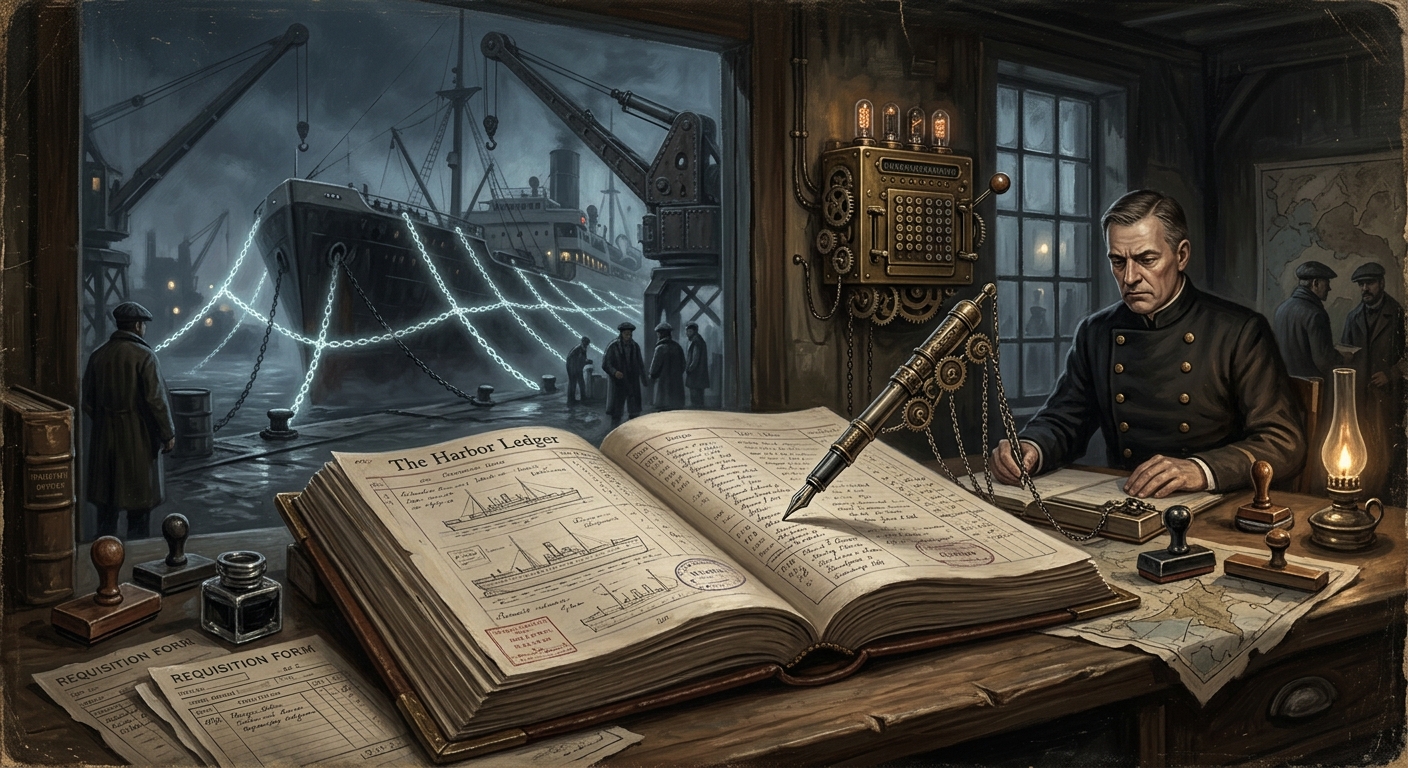 The Harbor Ledger — The Harbor Ledger, rendered as oil-painting.