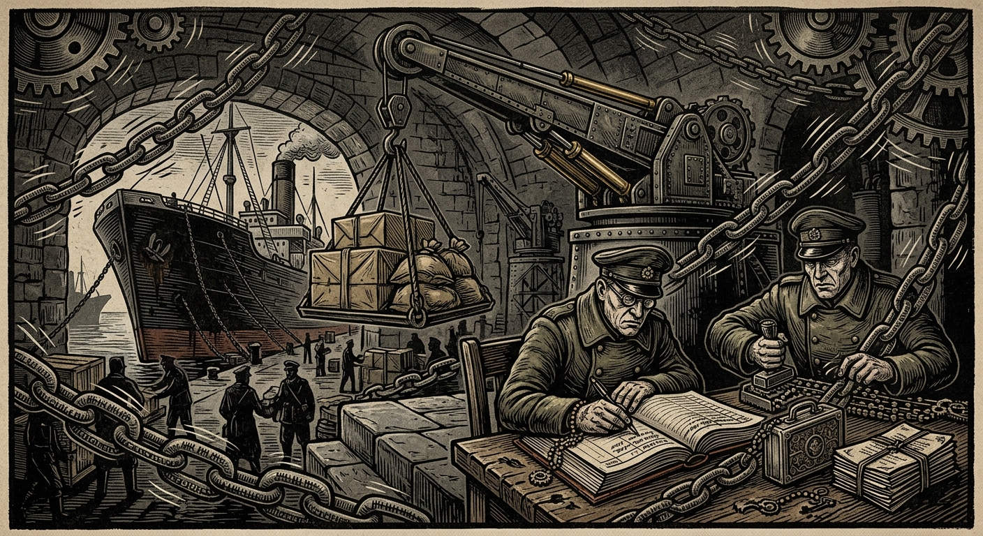 The Harbor Ledger — On the Threefold Entry, rendered as woodcut.