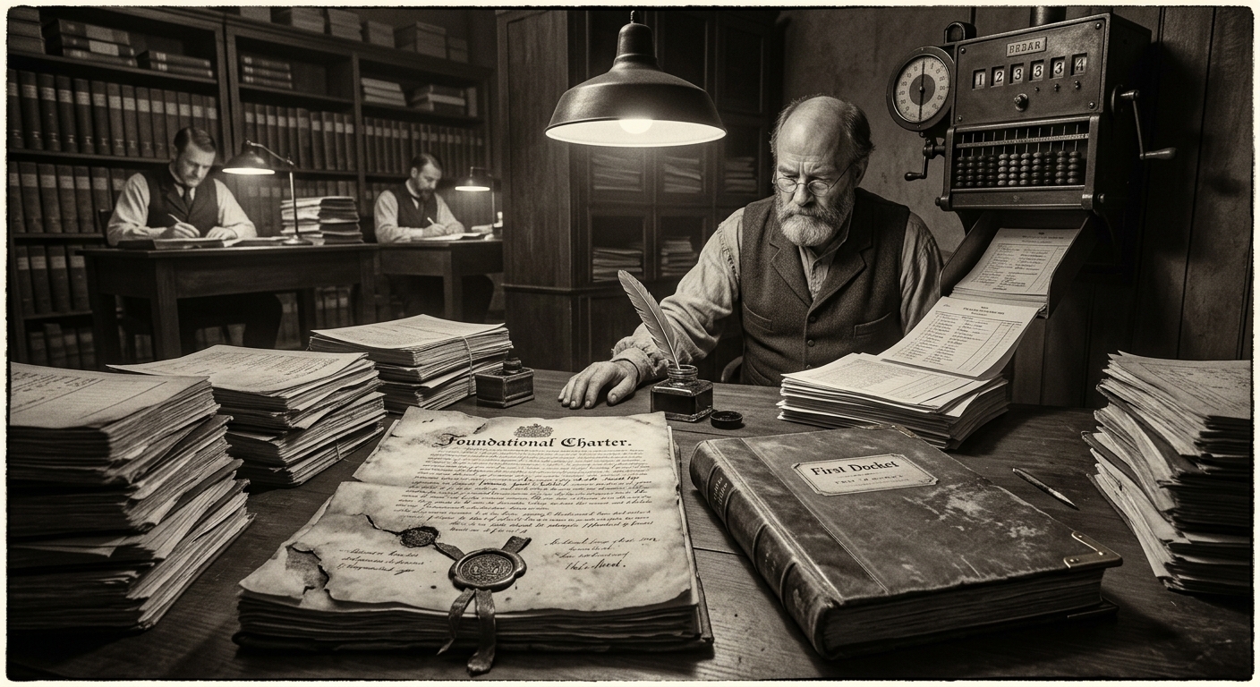 Harbor Ledger Office — On Foundation, Charter, and the First Docket, rendered as photograph.