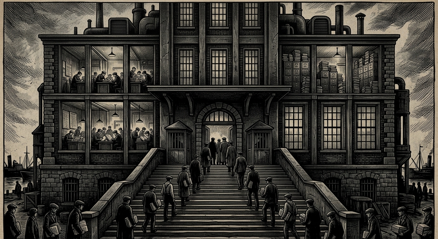 Harbor Ledger Office — On the Steps, Windows, and Rooms, rendered as woodcut.