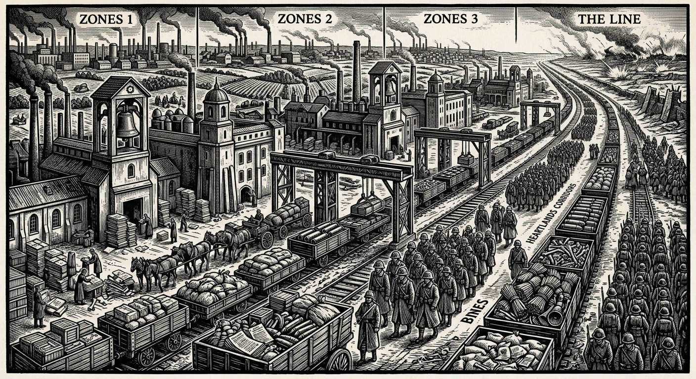 The Heartlands — On Zones, Corridors, and the Geography of Use, rendered as woodcut.