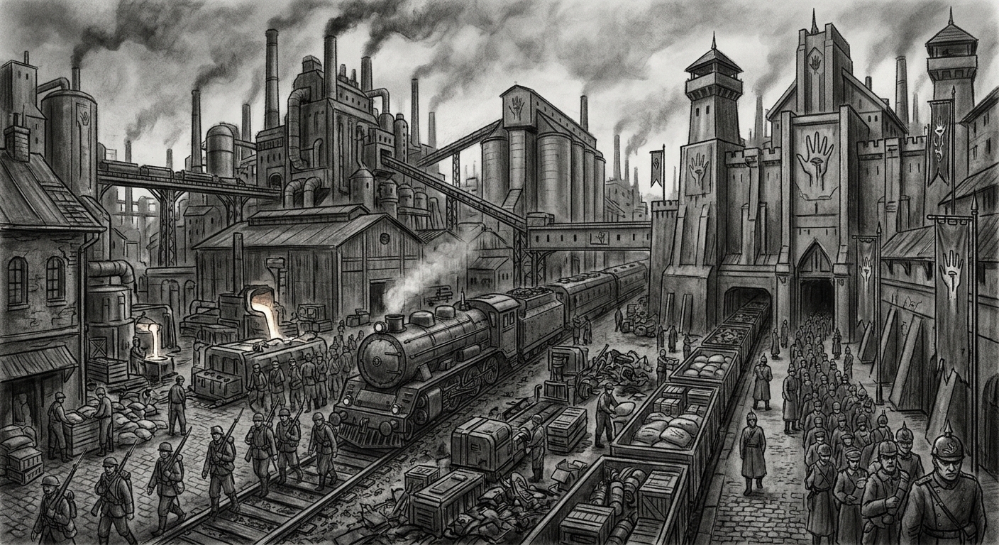 The Heartlands — On the Cities That Feed the Wound, rendered as charcoal.