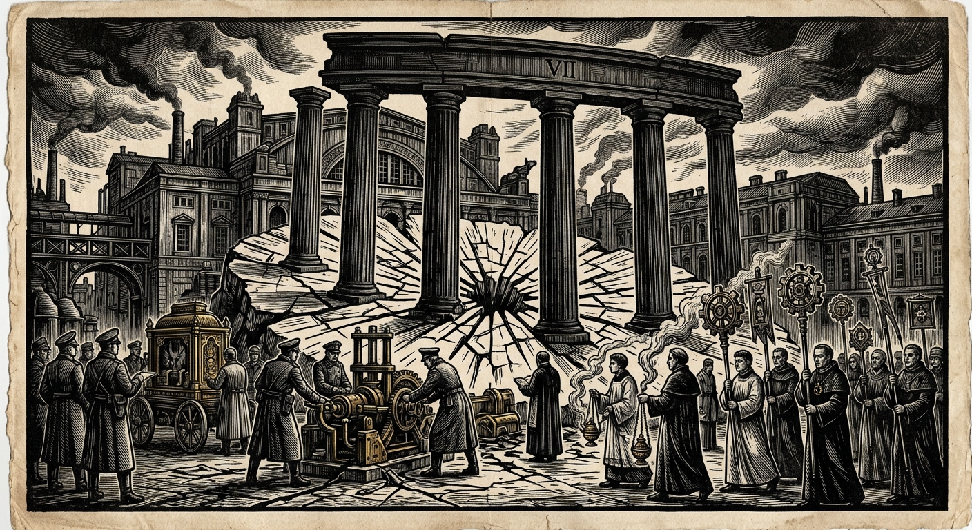Heldenplatz — On the Rationalist Stagecraft, rendered as woodcut.
