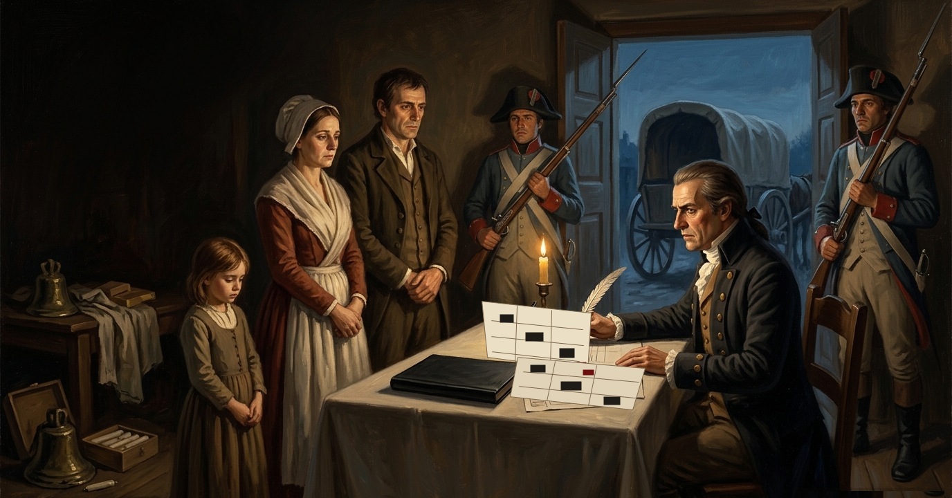 Oil painting of a Rationalist census officer marking household forms while Republican Guards hold a faithful family at a confiscated sacristy table.