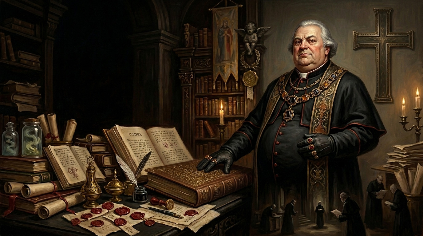 Triumphant propaganda oil painting of Hieromnemon Valerius Drax as an older, fat, pompous Synod bureaucrat enthroned among ledgers, seals, and clerks.