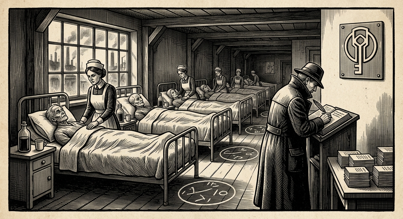 Hospices of Departure — On the Rooms, rendered as woodcut.