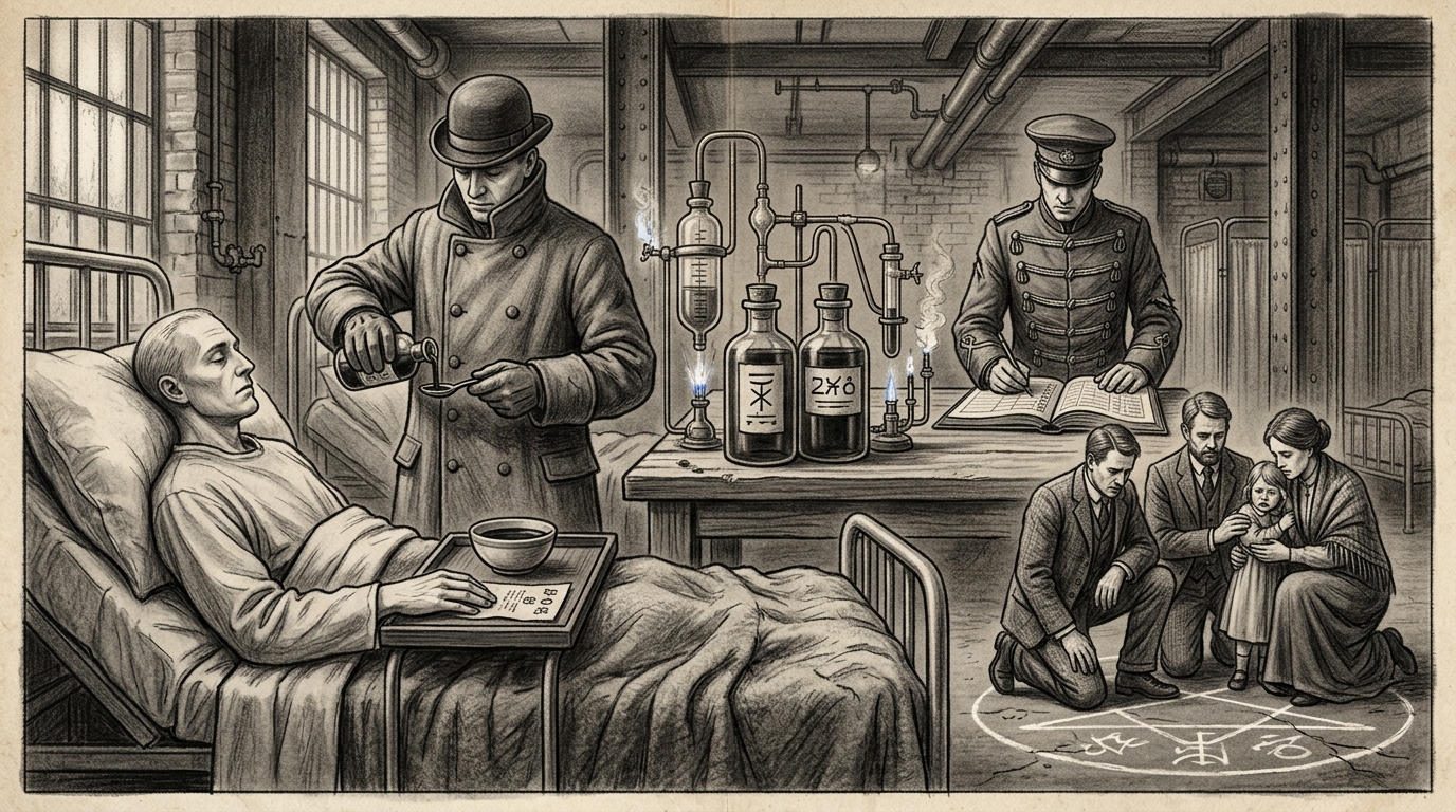 Hospices of Departure — On the Black Elixir, rendered as charcoal.