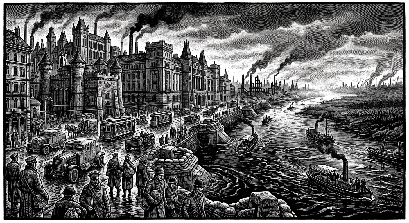 Hungary — On Budapest, the Western Half That Still Answers, rendered as woodcut.
