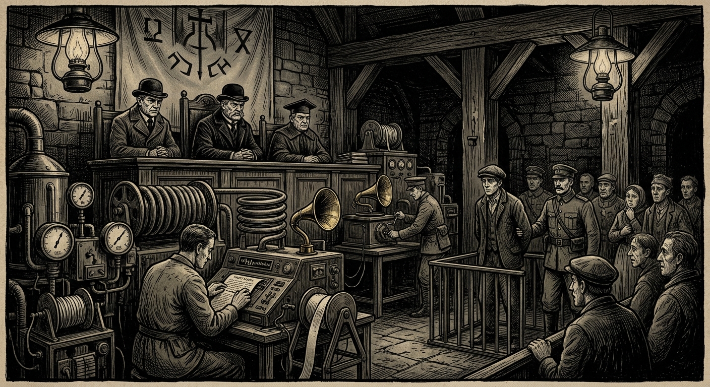 Hush Court — On Silence Crimes, rendered as woodcut.