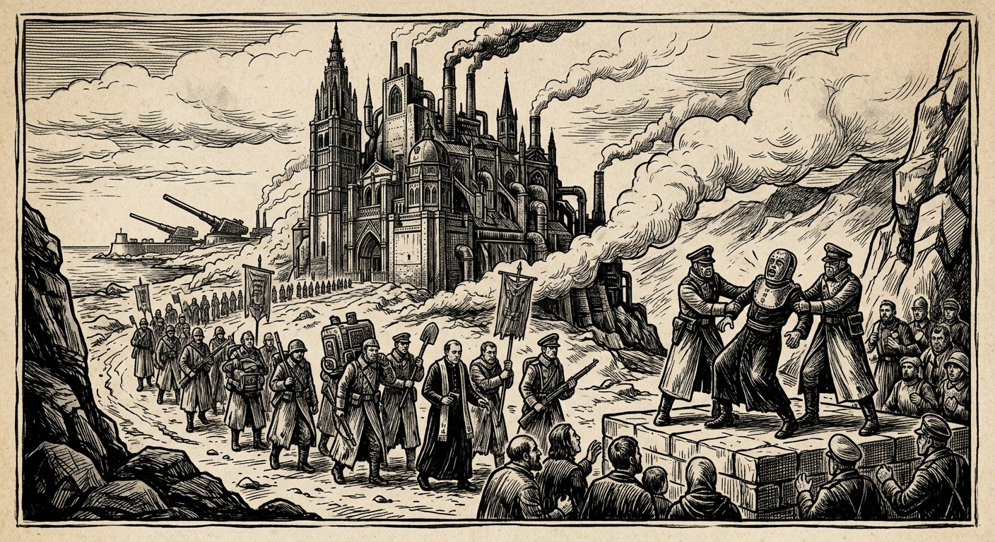 Iberia — On Toledo and the Martyrdom That Would Not Behave, rendered as woodcut.