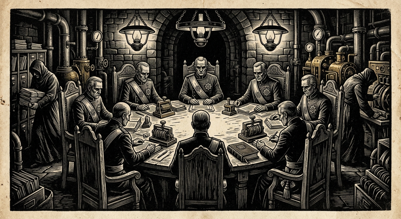 Inner Circle — On the Seven Chairs, rendered as woodcut.