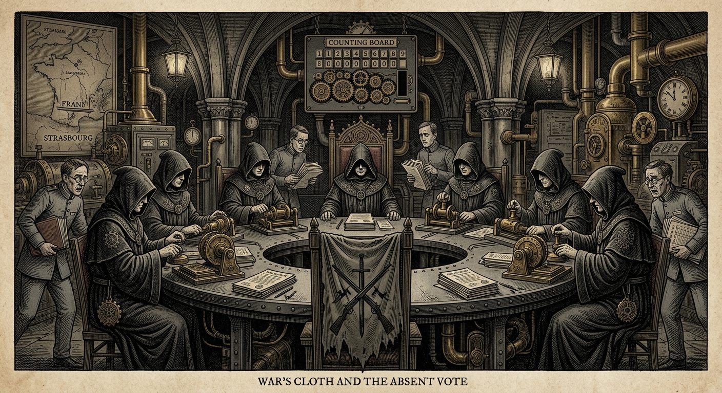 Inner Circle — On War's Cloth and the Absent Vote, rendered as engraving.