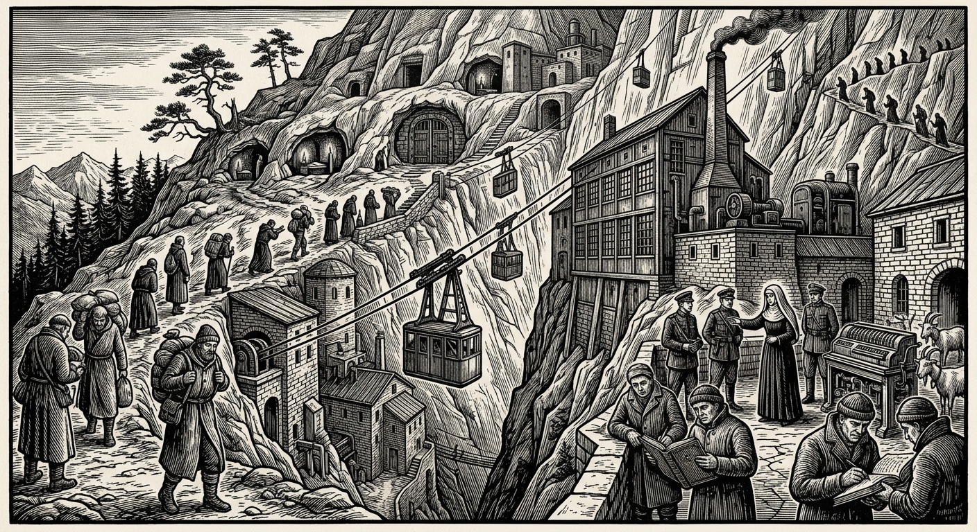 Innsbruck — On the Mountain Archive, rendered as woodcut.