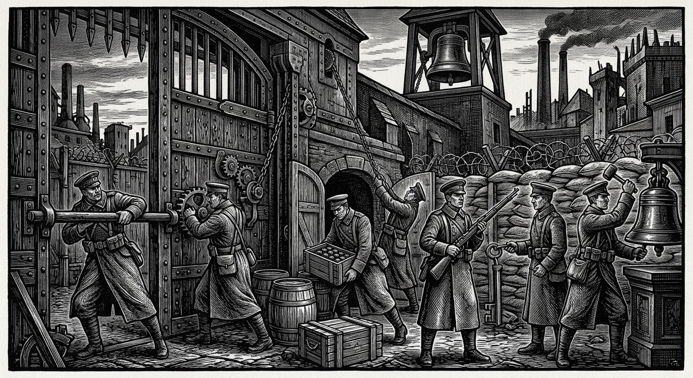 Iron Vespers — On Gates, Powder, and the Seven Motions, rendered as woodcut.