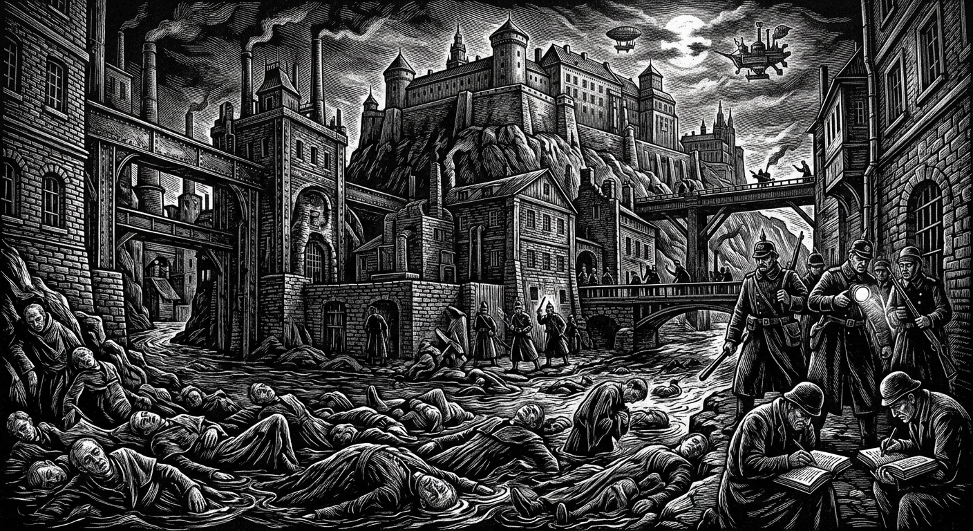 Kraków — On the Night of Knives, rendered as woodcut.