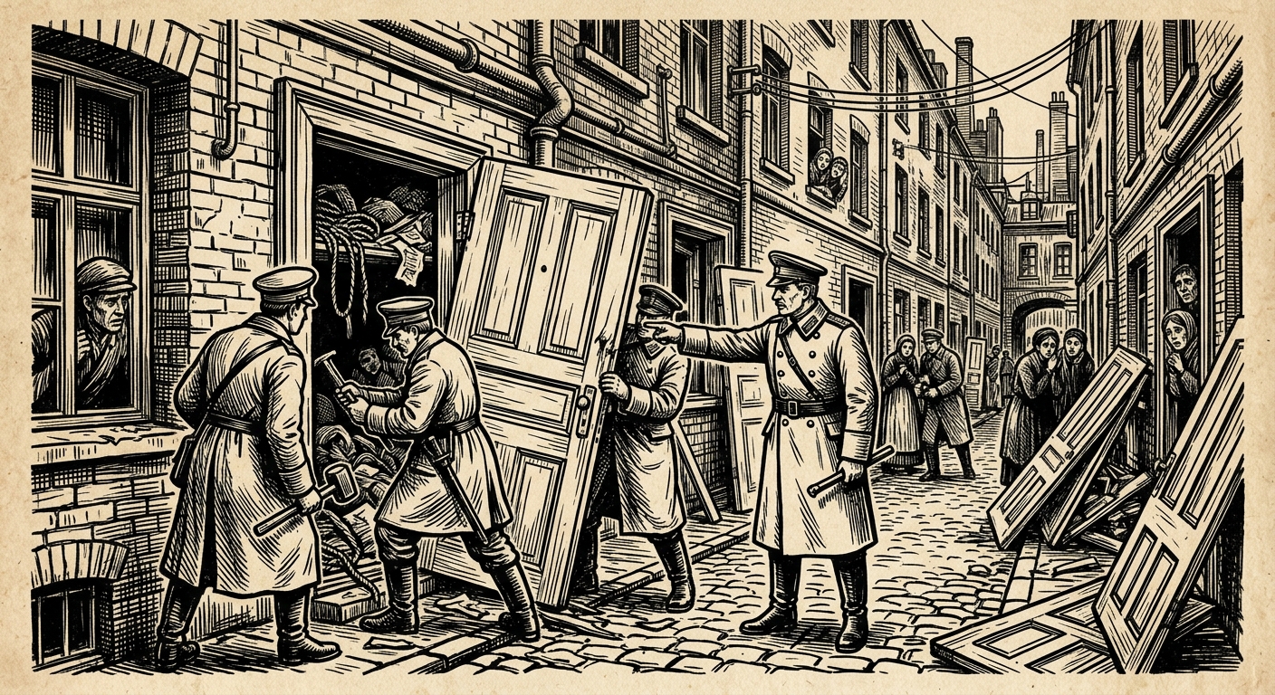 The Lintel Pogroms — On the Stripping of Doors, rendered as woodcut.