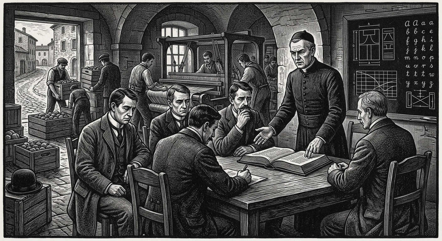 Lombardy — On the League of Milan and the First Lesson, rendered as woodcut.