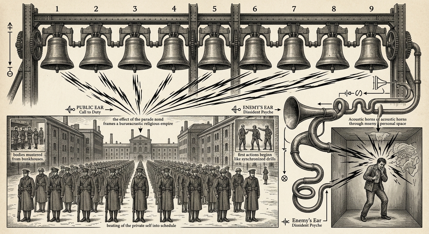 Ninefold Matins — On Military Use and the Enemy's Ear, rendered as engraving.