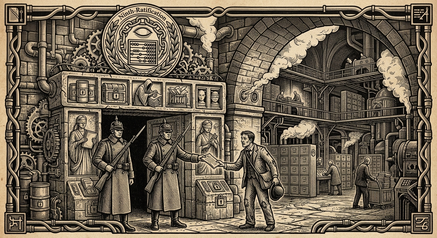 Ninth-Ratification — On Access, Rank, and the Pleasure of Being Denied, rendered as woodcut.