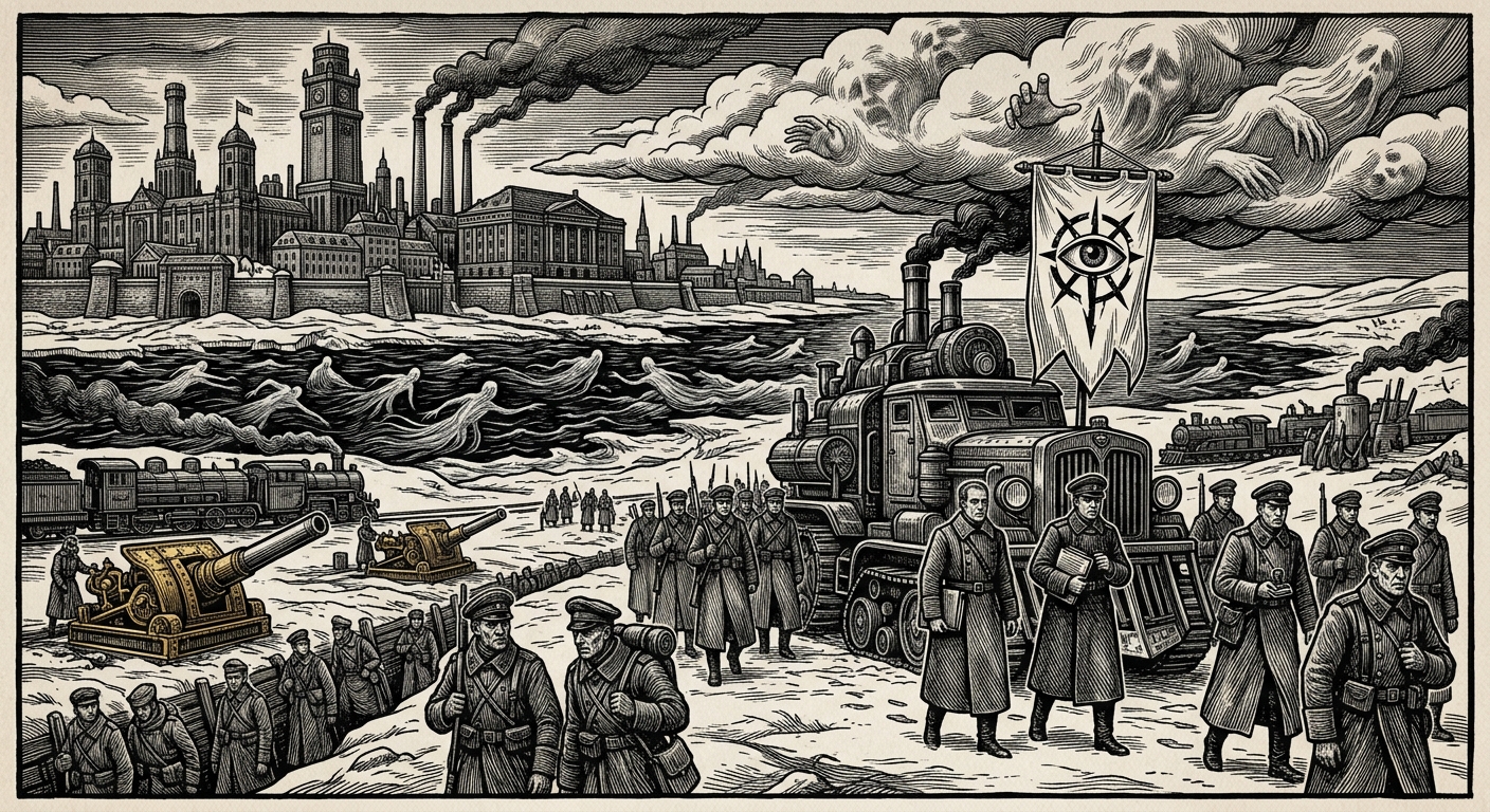 Northern Theater — On Königsberg and the Grey, rendered as woodcut.