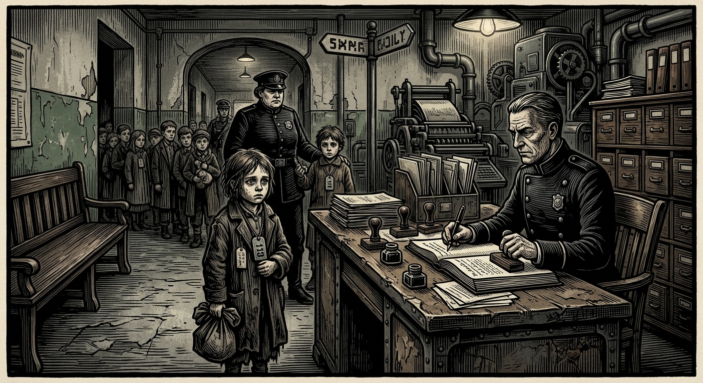 Orphanarii — On Intake, Tags, and the Orphanage Registrar, rendered as woodcut.
