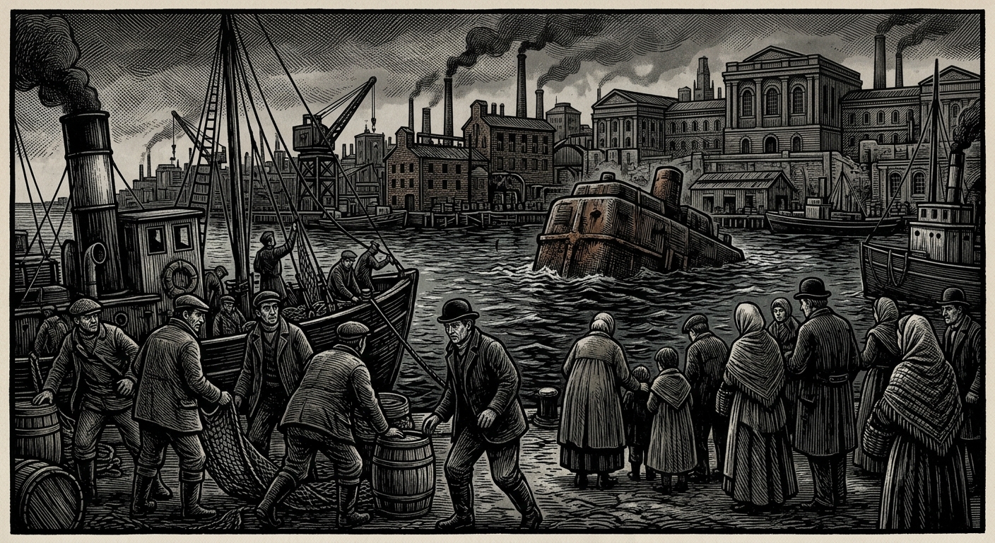 Phaleron Bay — On Fishermen, Pilots, and Sensible Cowards, rendered as woodcut.