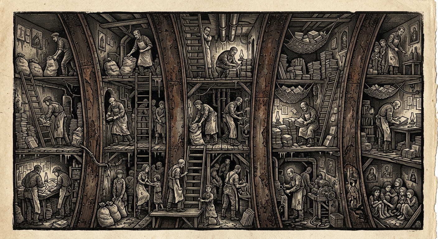 Pylon Warrens — On the Anatomy of Descent, rendered as woodcut.