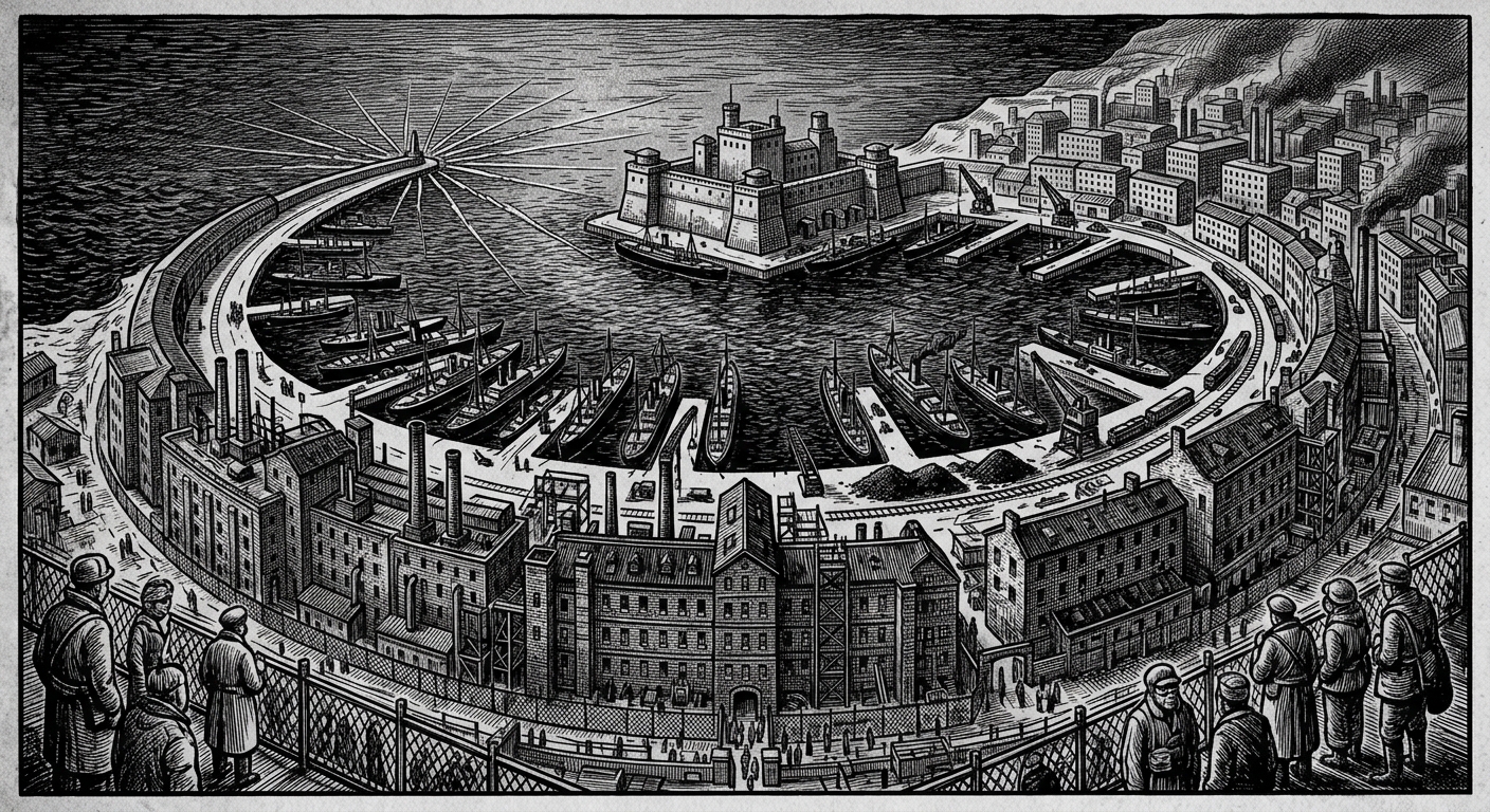 Quarantine Crescent — On the Shape of the Wards, rendered as woodcut.