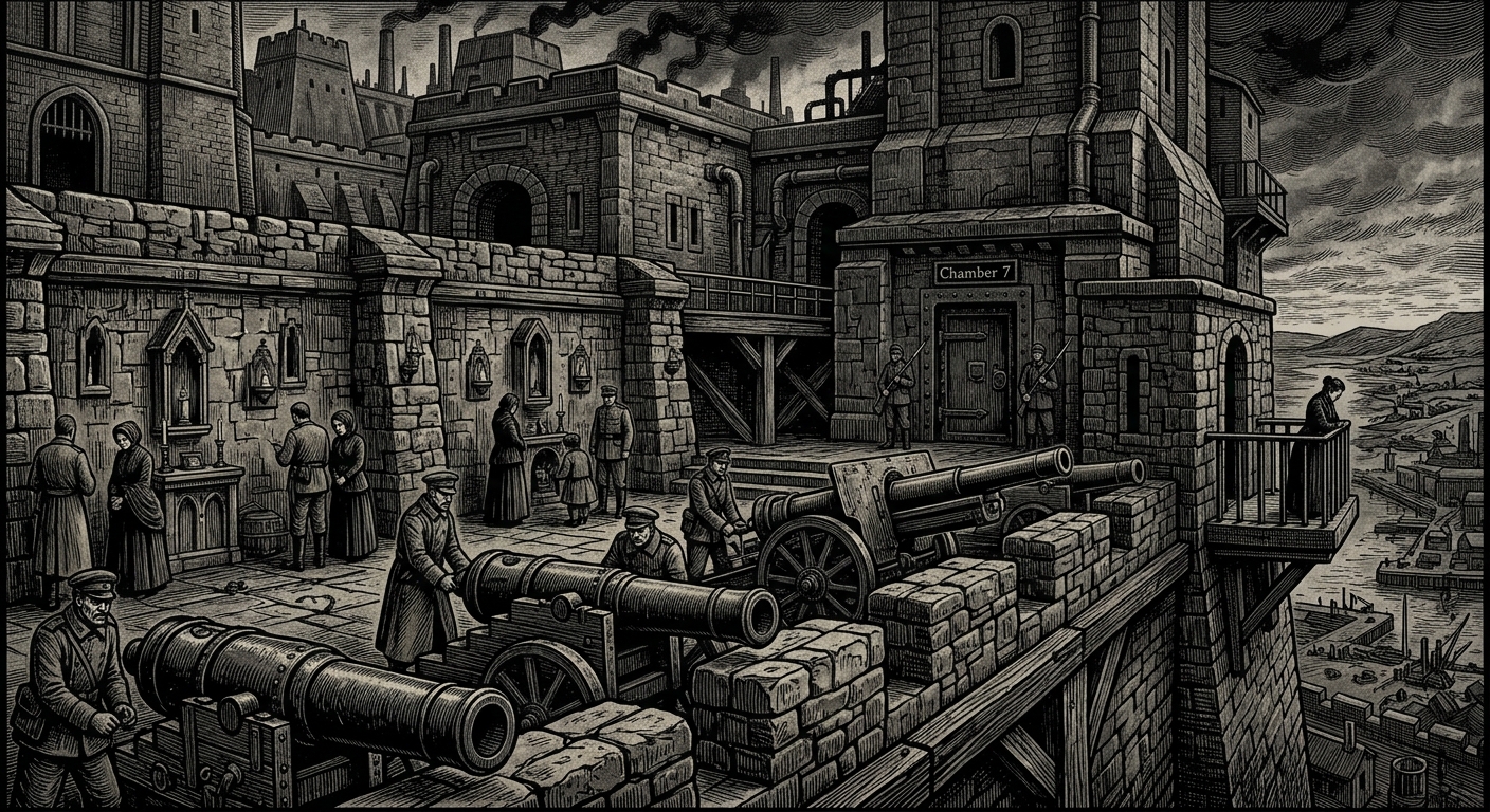 Ravelin of Sorrow — On the Stone, the Guns, and the Lower Watch, rendered as woodcut.